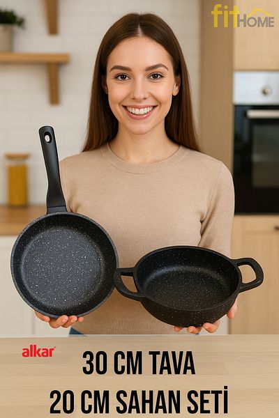 FİTHOME 30 cm Granite Pan and 20 cm Granite Pan Set - Non-Stick, Healthy and Durable Kitchenware