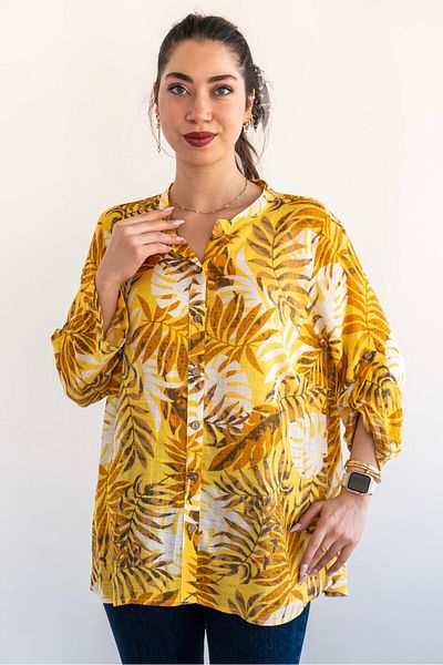citycenterfashion Large Size Fold Sleeve Shirt - 100% Cotton Organic Linen cty-akc-uzd1