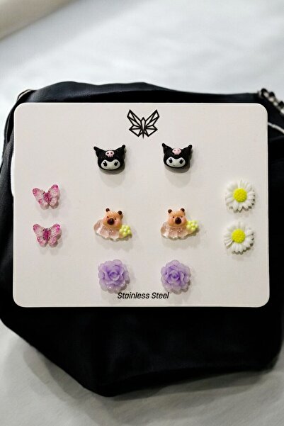 MakeWell Çelik Kararmaz Kuromi Hello Kity Tavşan Civciv Mickey Mouse Tasarımlı 5li Çelik Küpe Seti