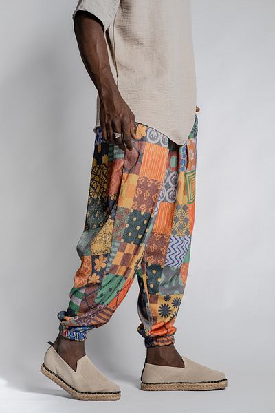 SUPERBLUE Men's Patterned Baggy Wrinkled Colorful Baggy Trousers