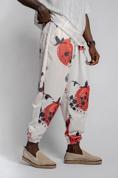 SUPERBLUE Men's Patterned Wrinkled Baggy Cream Baggy Trousers