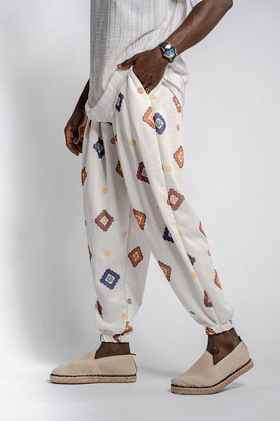 SUPERBLUE Men's Patterned Wrinkled Baggy White Baggy Trousers