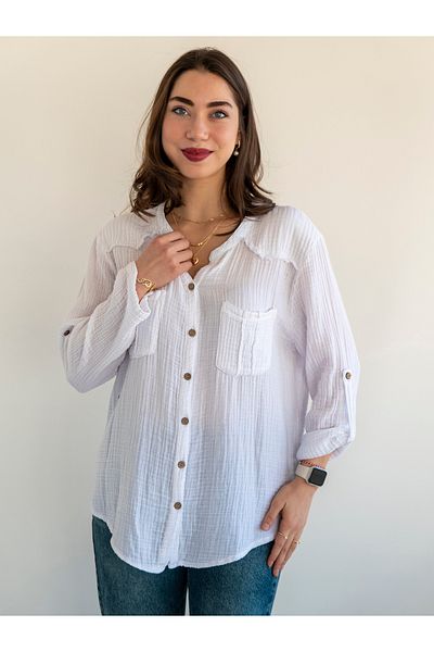 citycenterfashion Women's Size Fold Sleeve Mesi Blouse 100% Cotton Organic