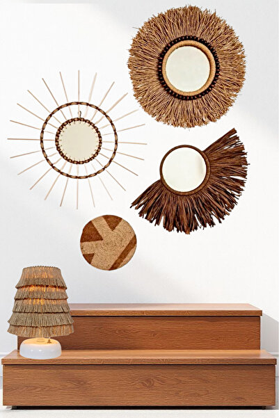 Bubihome Bohem Duvar Dekoru Aynalı 4'lü Hasır Set