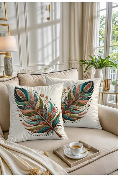 Şah Dekor Boho Themed Lucky Feather Cream Background Digital Printed Gift Set of 2 Throw Pillow Pillow Cases