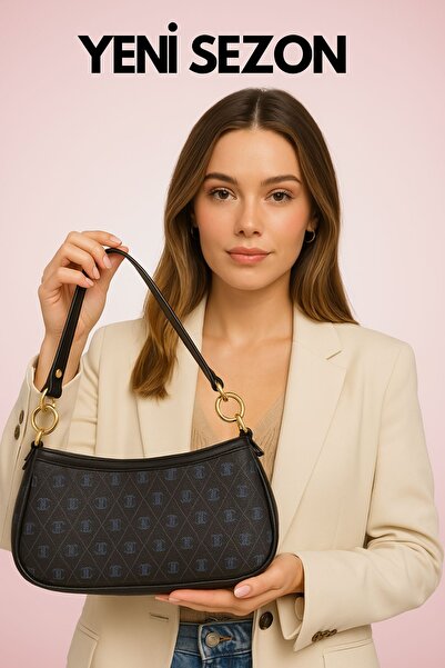 mottomia Premium Kalite Koyu Lacivert Monogram Desenli Çift Askılı Vegan Deri...