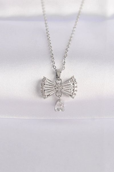 Clariss 316L Steel Chain Silver Color Zircon Stone Heart Detail Bow Necklace