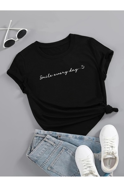 LAND MODA Μαύρο μπλουζάκι με σχέδιο "Smile Every Day" - Μαλακό μείγμα πολυεστ...