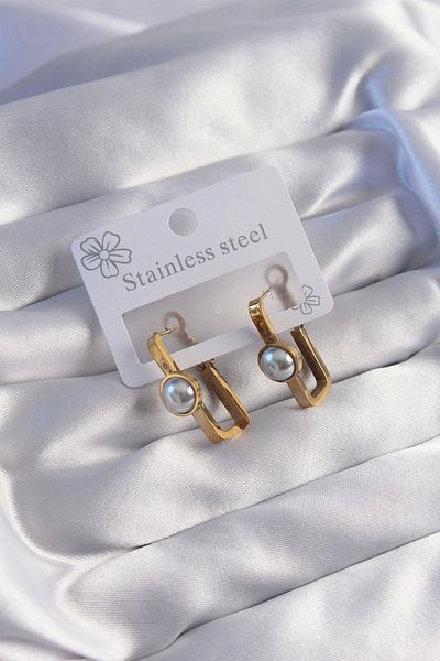 Clariss 316L Steel Gold Color Pearl Stone Rectangular Model Earrings