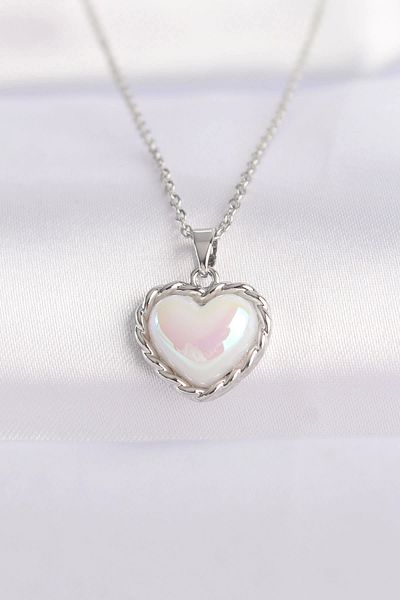 Clariss 316L Steel Chain Silver Color White Stone Curved Heart Necklace