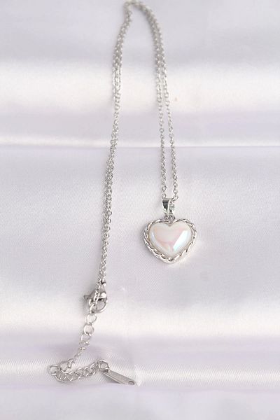 Clariss 316L Steel Chain Silver Color White Stone Curved Heart Necklace