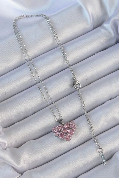 Clariss 316L Steel Chain Silver Color Pink Segmented Zircon Stone Heart Necklace