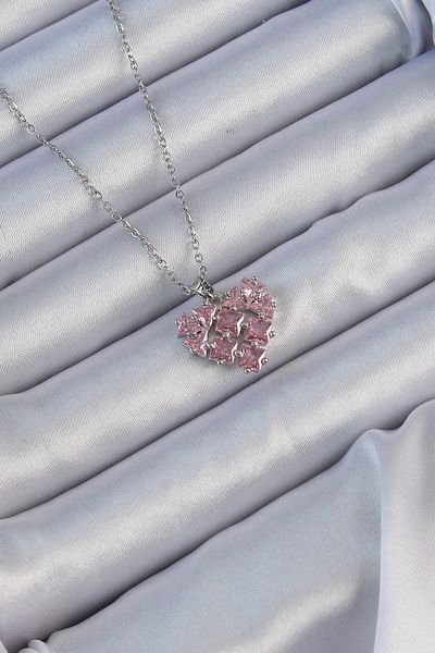 Clariss 316L Steel Chain Silver Color Pink Segmented Zircon Stone Heart Necklace