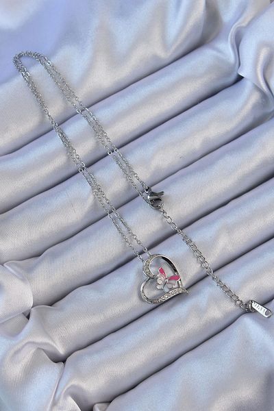 Clariss 316L Steel Chain Silver Color Enamel Butterfly Figure Zircon Stone Heart Necklace