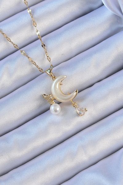 Clariss 316L Steel Chain Gold Color Zircon Stone Butterfly Enamel Moon Necklace