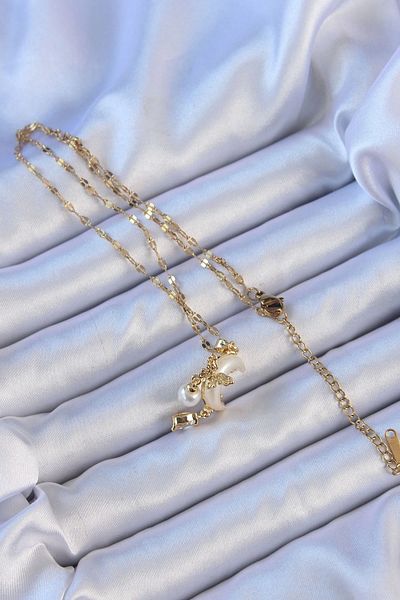 Clariss 316L Steel Chain Gold Color Zircon Stone Butterfly Enamel Moon Necklace