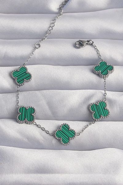 Clariss 316L Steel Silver Color Striped Green Enamel Clover Bracelet
