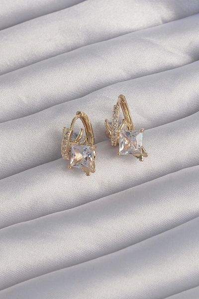 Clariss Brass Gold Color Large Zircon Stone Curved Minimal Butterfly Hoop Earrings