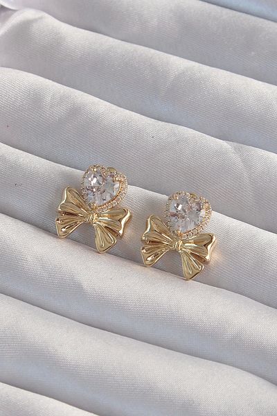 Clariss Brass Gold Color Zircon Stone Heart Model Bow Earrings