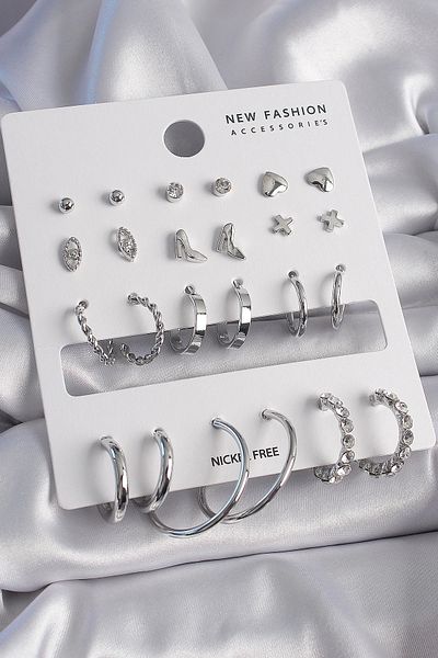 By Mino Brass Silver Color 12 Pairs Women's Earrings Set