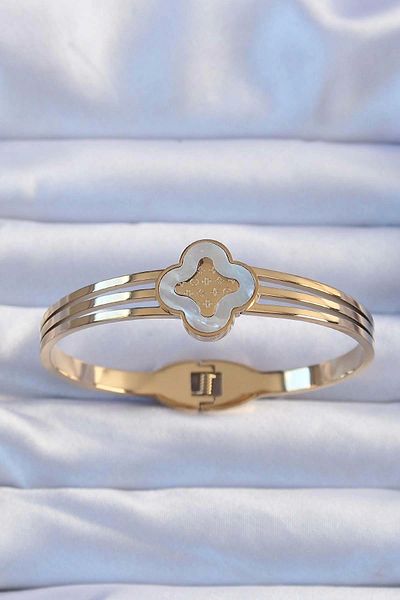 Clariss 316L Steel Gold Color Embroidered Pearlescent Clover Handcuffs