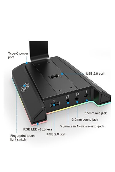 Eksa حامل سماعة رأس RBG مزود بمنفذي USB ومقابس صوت مقاس 3.5 ملم
