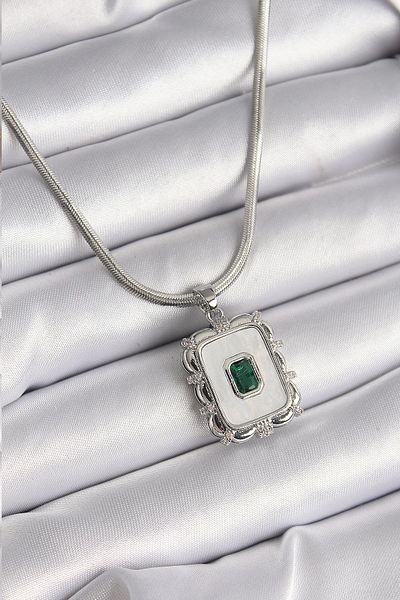 Clariss White Pearlescent 316L Steel Silver Emerald Stone Women's Necklace - Italian Chain Model