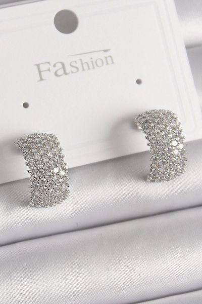 ANATOLİA TASARIM Brass Silver Color Zircon Stone Hoop Model Women's Earrings