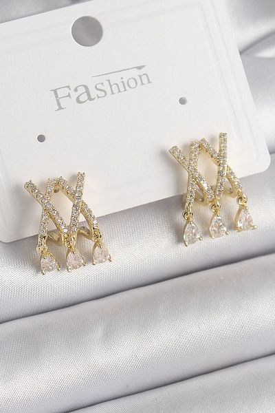 TRENDMEN Brass Gold Color Zircon Stone X Model Dangle Detail Women's Earrings