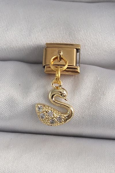 Clariss 316L Steel Gold Color Hanging Zircon Stone Swan Model Nomination Charm