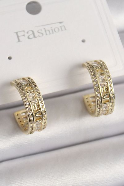 Clariss Brass Gold Color Zircon Stone Embroidery Detail Hoop Model Women's Earrings
