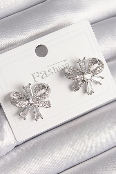 robotrend Brass Silver Color Zircon Stone Bow Model Women's Earrings