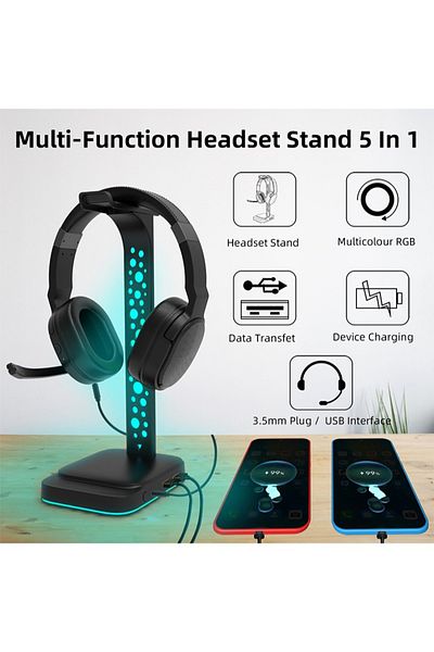 FlashHawk RGB Colorful Light Headset Stand with 2 USB2.0 Ports and Audio Jack