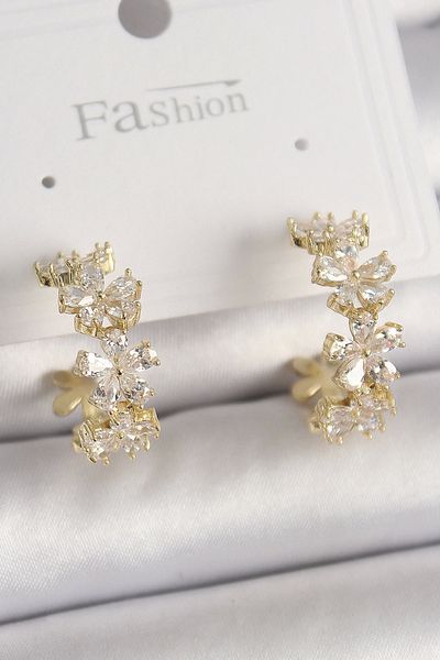 Clariss Brass Gold Color Zircon Stone Flower Embroidered Hoop Model Women's Earrings