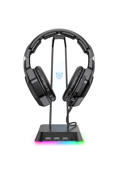 Onikuma حامل سماعات رأس RGB مع منفذ AUX مقاس 3.5 مم و3 منافذ USB 2.0، حامل سماعة رأس للألعاب