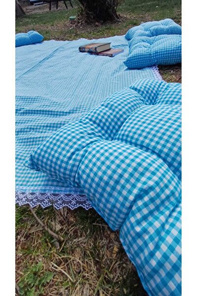 Marin Tasarım Evi Küçük Kareli Mavi Piknik Örtü Seti 6 Adet 40x40 Minder 170x...