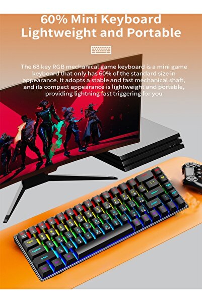 FlashHawk لوحة مفاتيح ألعاب سلكية باللغتين العربية والإنجليزية، لوحة مفاتيح ميكانيكية 68 مفتاحًا بمفاتيح زرقاء