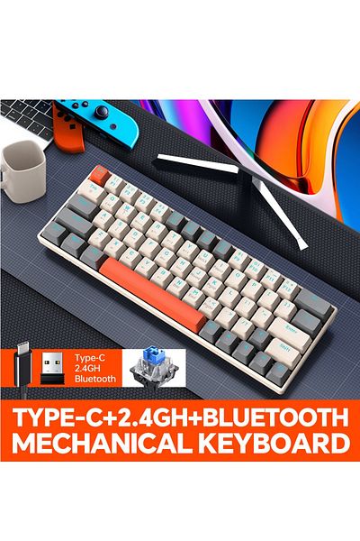 T-WOLF 2.4G Wireless Wired Gasket Gaming Keyboard,63 Keys Blue Switch Mechanical Keyboard