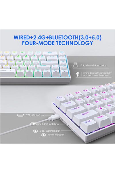 e-yooso 68 Keys 3 Modes Wireless Gaming Keyboard with RGB Backlit,Bluetooth/2.4G/USB-C Blue
