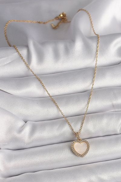 Clariss 316L Steel Gold Color Chain Zircon Stone White Enamel Heart Model Women's Necklace