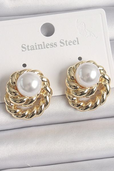 Clariss Brass Gold Color Pearled Spiral Twist Model Women's Earrings