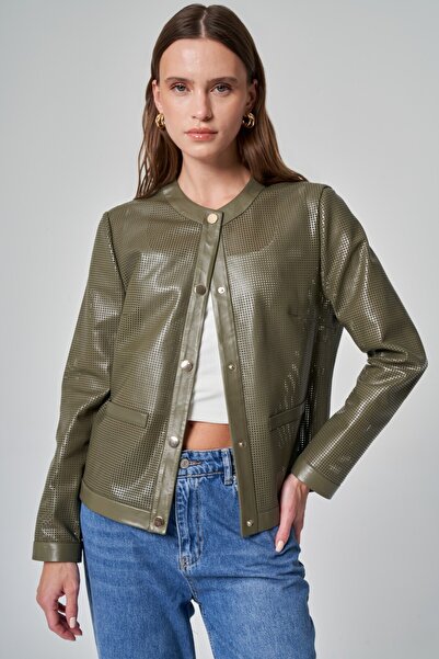 UTOPIAN Sıfır Yaka Çıtçıt Detaylı Deri Ceket