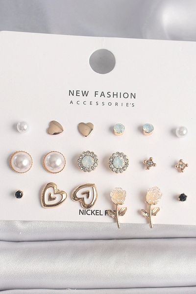 Clariss Brass Gold Color White Enamel Rose Figure Zircon Stone Pearl Detailed 9 Pairs Women's Earring Set