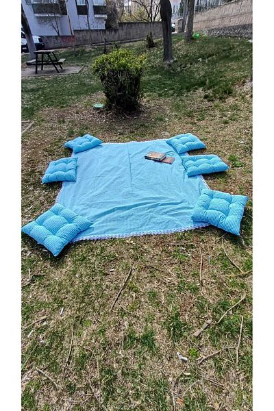 Marin Tasarım Evi Small Checkered Blue Picnic Cover Set 6 Pieces 40X40 Cushions 170X170 Table Cloth