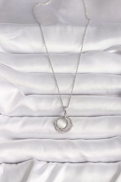 Clariss 316L Steel Silver Color Zircon Stone White Pearlescent Crescent Model Women's Necklace