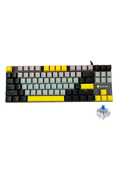 XUNFOX لوحة مفاتيح ميكانيكية للألعاب، إنجليزية وعربية، بإضاءة خلفية RGB، سلكية USB، 87 مفتاحًا، مفتاح أزرق