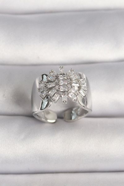 Clariss Brass Silver Color Adjustable Baguette Zircon Stone Model Women's Ring