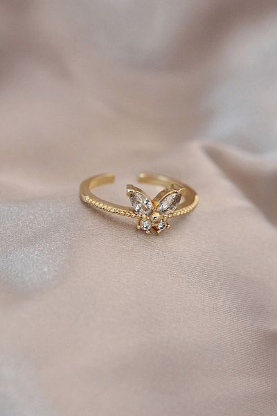 Clariss خاتم معدني ذهبي اللون قابل للتعديل بحجر الزركون والكريستال على شكل فراشة