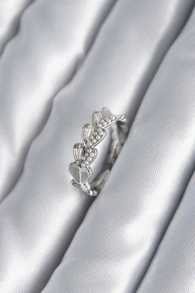 Clariss Brass Silver Color Heart Model Pearl Detail Women's Ring