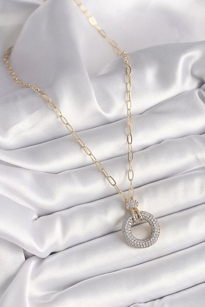 Clariss Brass Gold Color Zircon Stone Medallion Model Women's Necklace